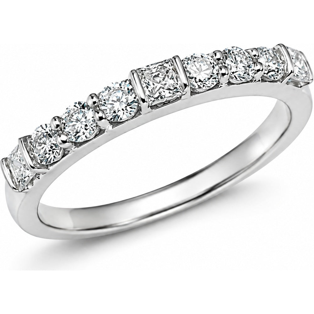 14K White Gold Wedding Band with Alternating Round and Princess Cut Diamonds - 0.58 Carat Total Diamond Weight by Auriventus