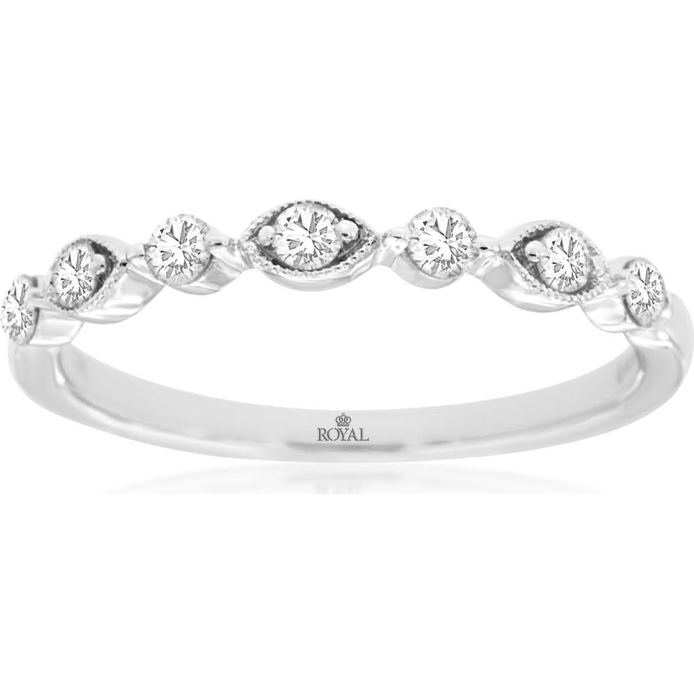 14K White Gold Wedding Band with Alternating Round Diamonds and Marquise Milgrain Stations - 0.25 Carat Total Diamond Weight - Royal Jewelry