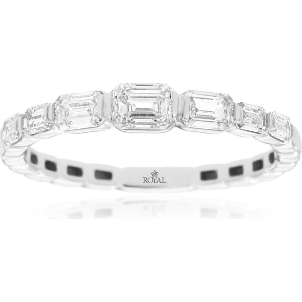 14K White Gold Wedding Band with Bezel-Set Emerald Cut and Baguette Diamonds - 0.85 Carat Total Diamond Weight - Royal Jewelry