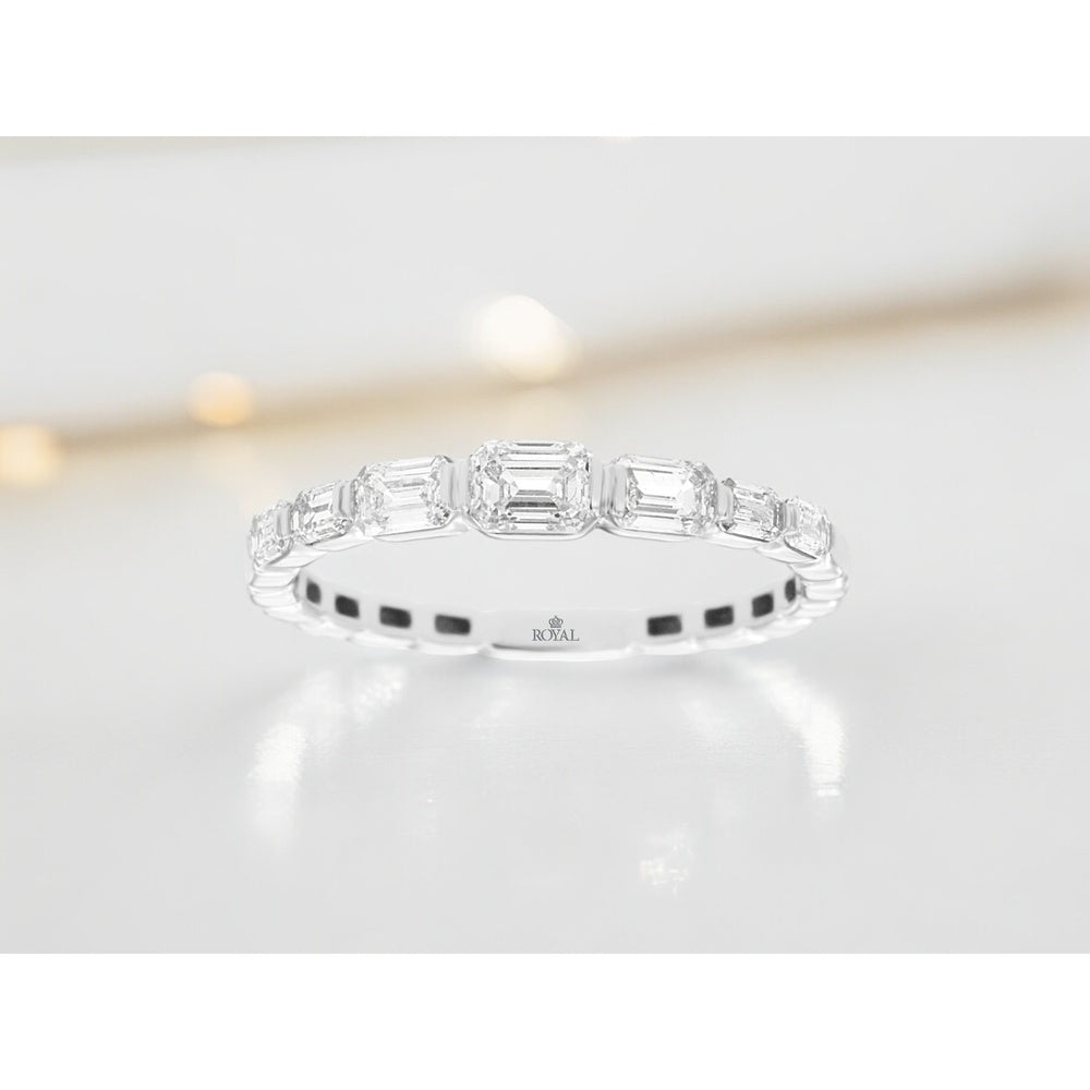 14K White Gold Wedding Band with Bezel-Set Emerald Cut and Baguette Diamonds - 0.85 Carat Total Diamond Weight - Royal Jewelry