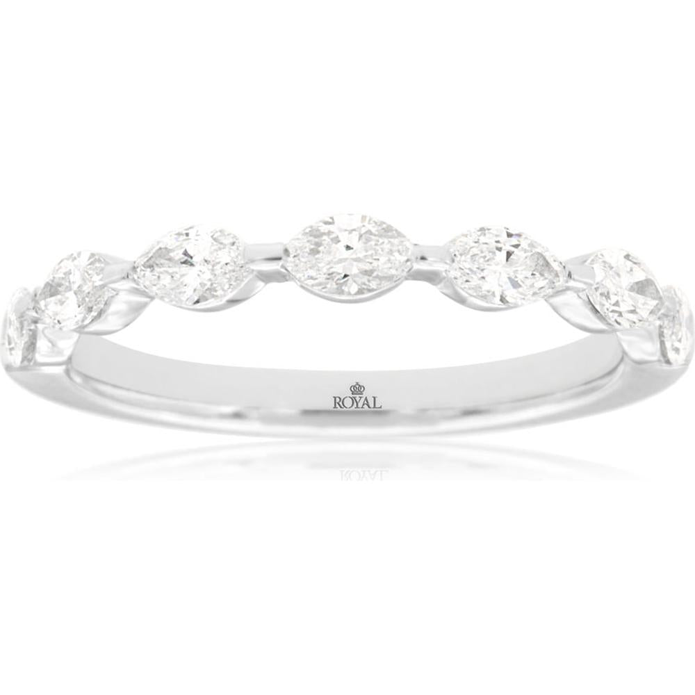 14K White Gold Wedding Band with Marquise Shaped Diamonds - 0.75 Carat Total Diamond Weight - Royal Jewelry