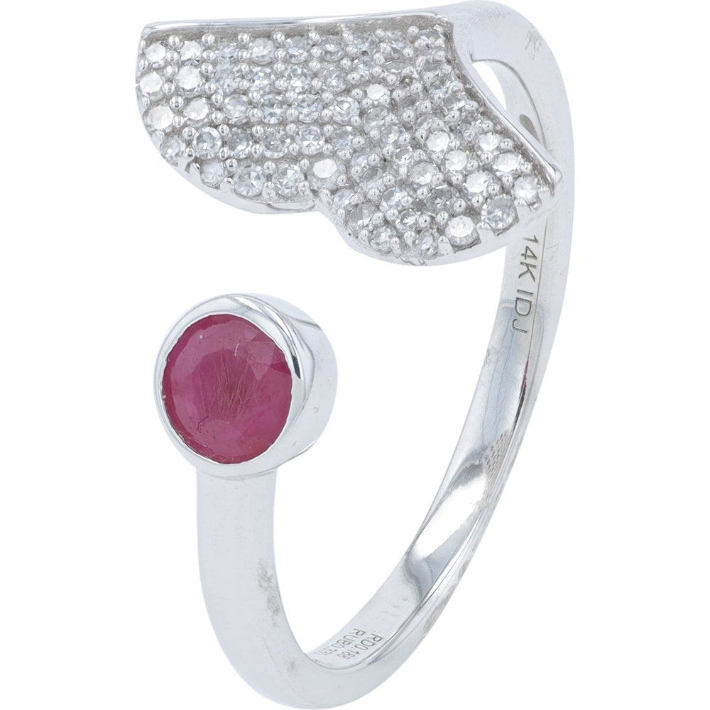 14K White Gold Whale Tail Cuff Ring with Bezel-Set Round Ruby and Pavé Diamonds - 0.50 Carat Total Ruby Weight and 0.10 Carat Total Diamond Weight