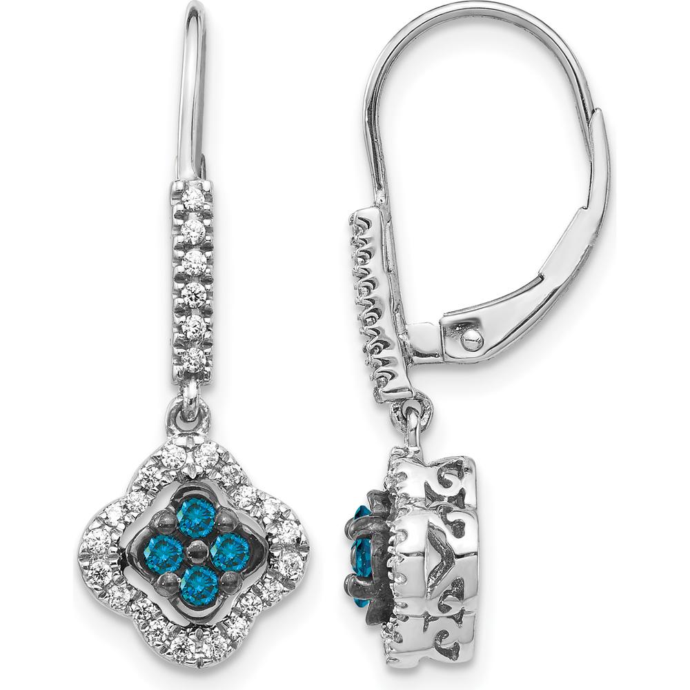 14K White Gold White and Blue Diamond Dangle Leverback Earrings - 0.12 Carat Total Diamond Weight by Monteluci Fine Jewelry