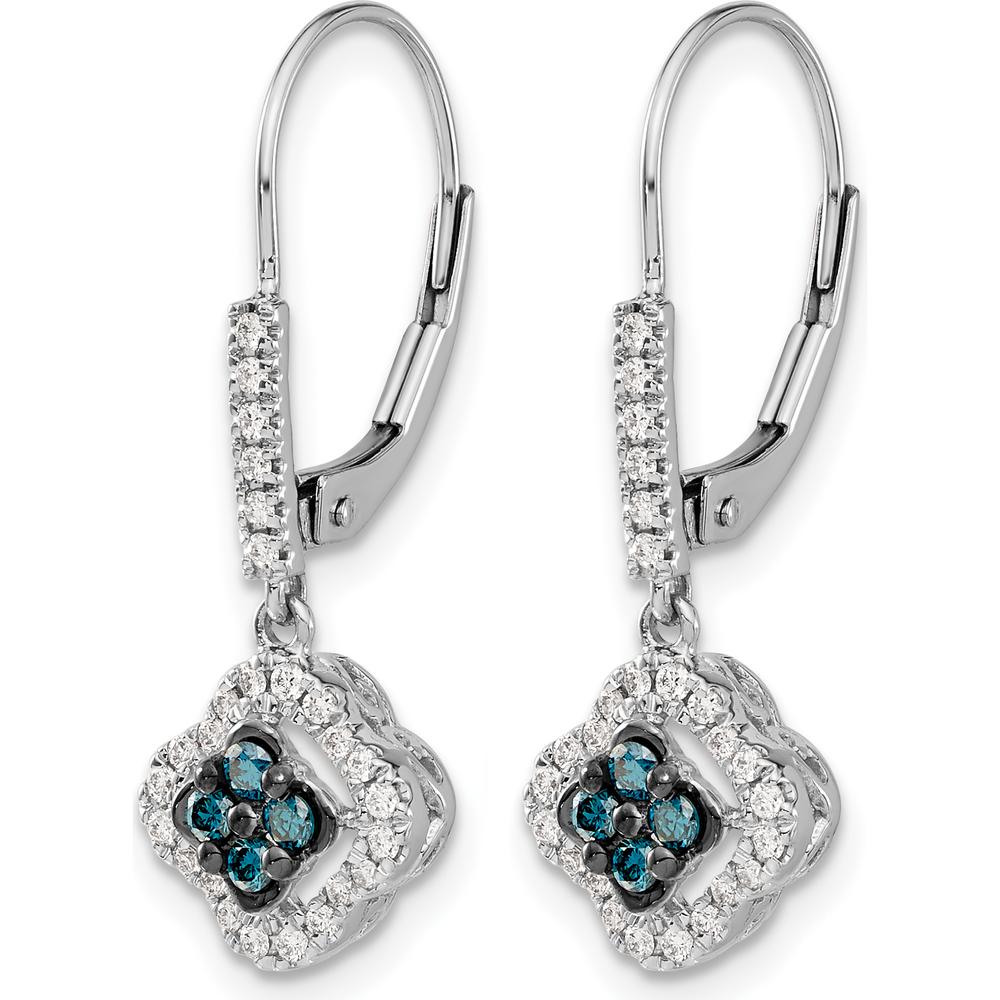14K White Gold White and Blue Diamond Dangle Leverback Earrings - 0.12 Carat Total Diamond Weight by Monteluci Fine Jewelry