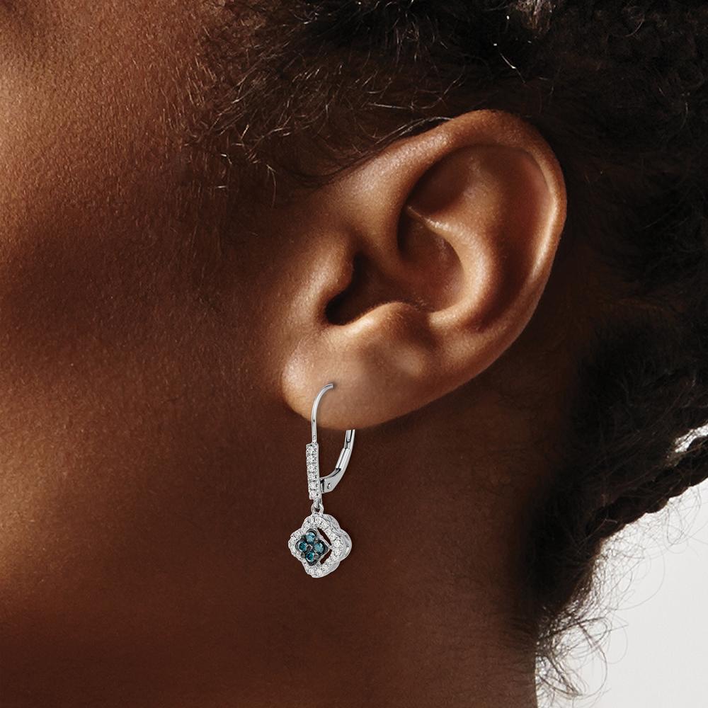 14K White Gold White and Blue Diamond Dangle Leverback Earrings - 0.12 Carat Total Diamond Weight by Monteluci Fine Jewelry