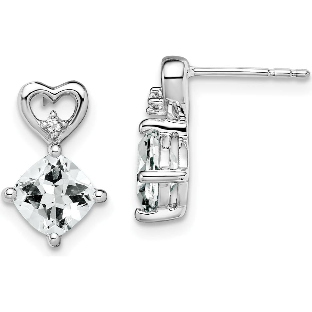14K White Gold White Topaz and Diamond Heart Drop Earrings - 1.25 Carat White Topaz, 0.01 Carat Diamond Total Weight by Oro Pregiato