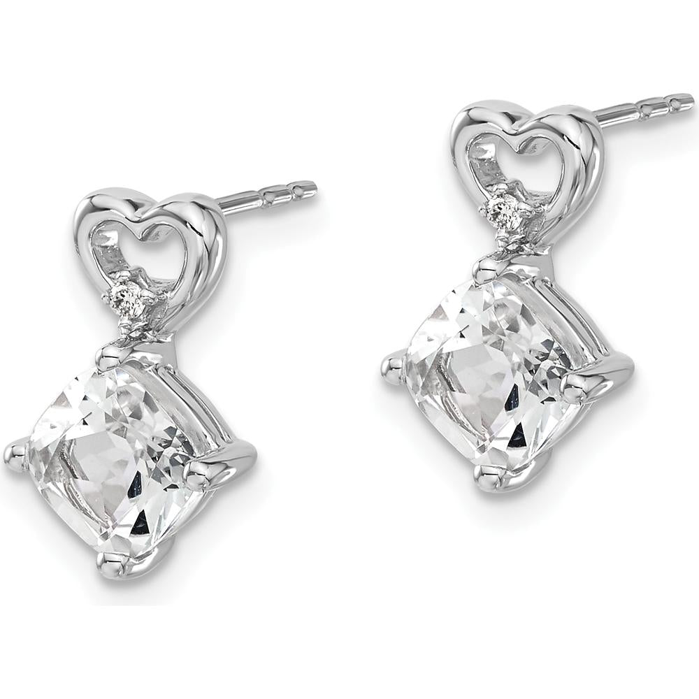 14K White Gold White Topaz and Diamond Heart Drop Earrings - 1.25 Carat White Topaz, 0.01 Carat Diamond Total Weight by Oro Pregiato