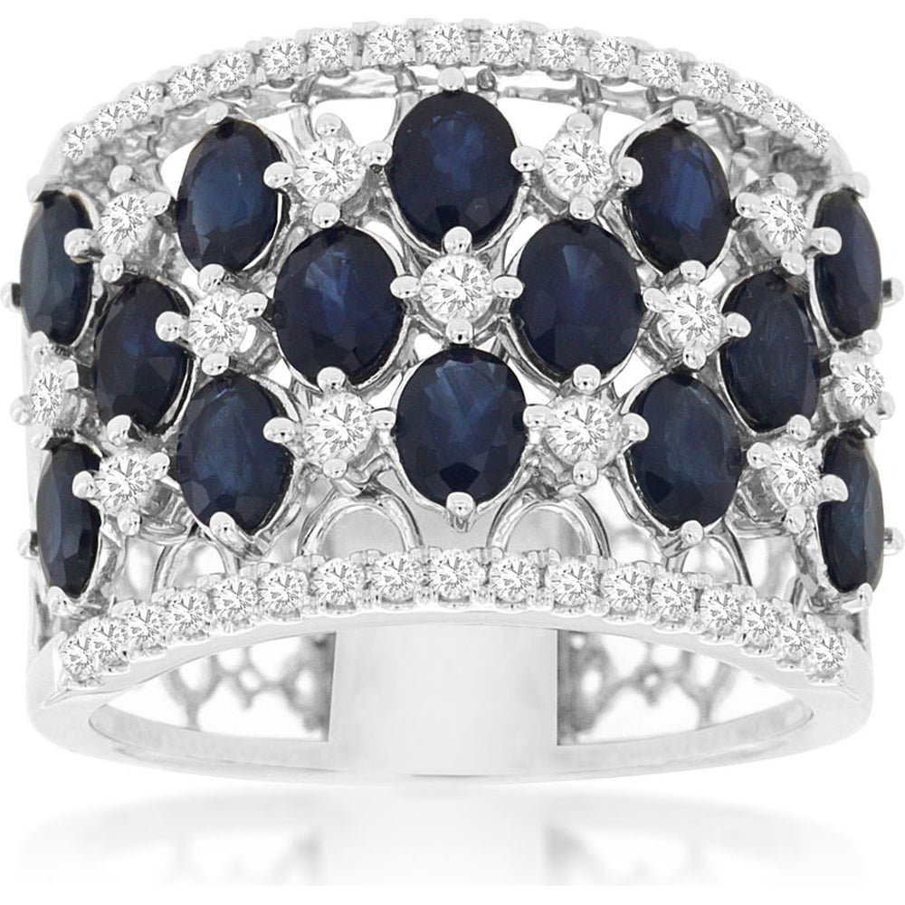 14K White Gold Wide Band Ring with Oval Sapphires and Prong-Set Round Diamonds - 3.50 Carat Total Sapphire Weight and 0.56 Carat Total Diamond Weight - Royal Jewelry