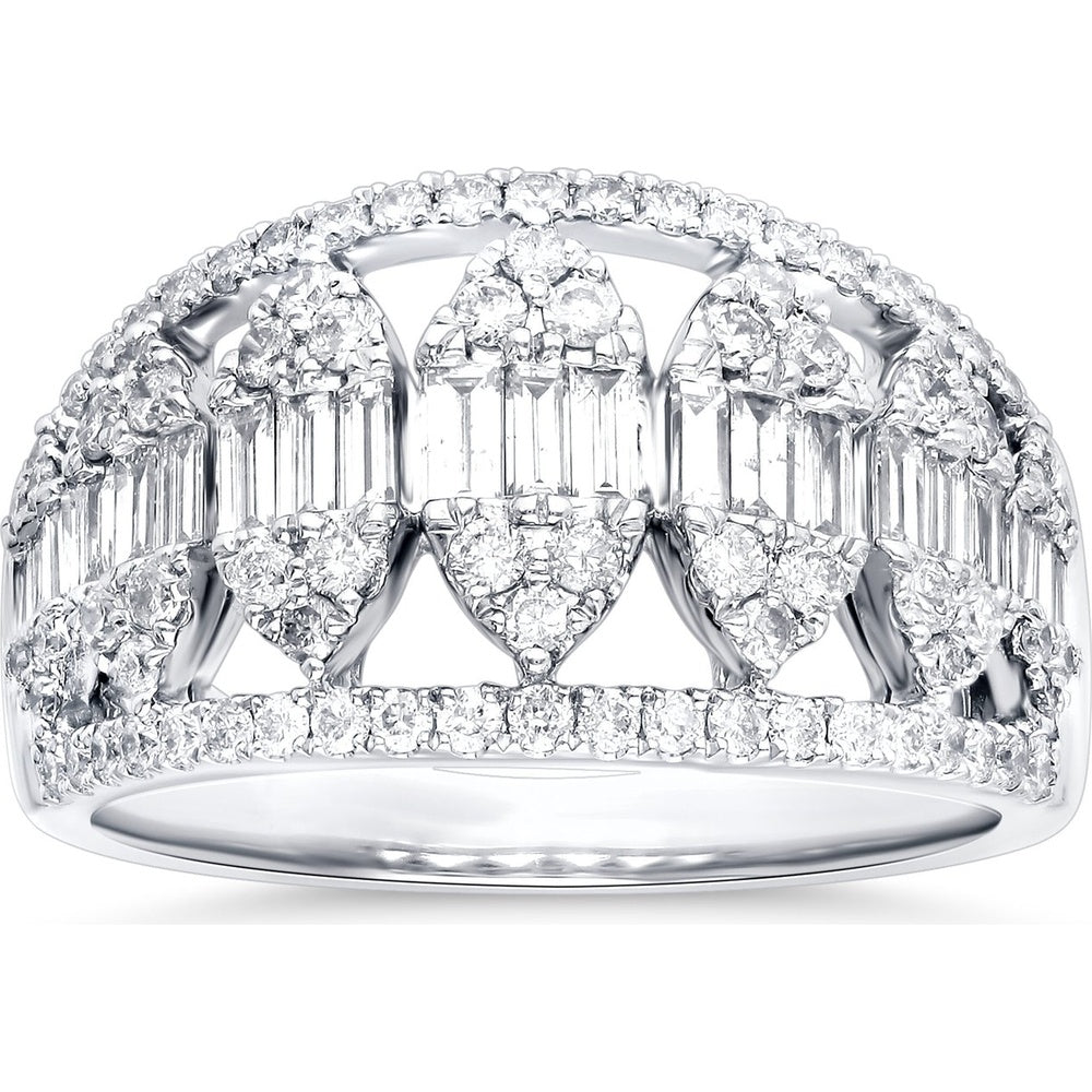 14K White Gold Wide Diamond Statement Ring with Baguette and Round Diamonds - 1.32 Carat Total Diamond Weight by Auriventus