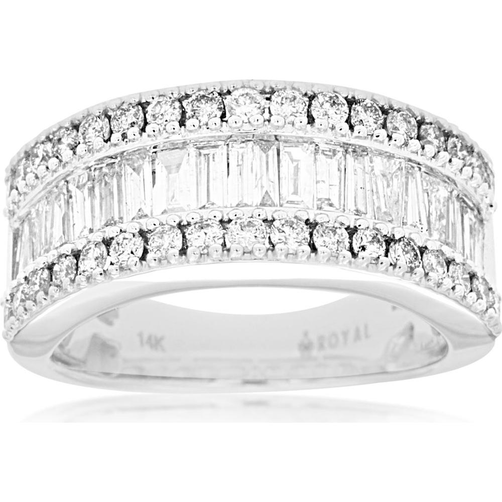 14K White Gold Wide Diamond Wedding Band with Baguette and Round Diamonds - 1.50 Carat Total Diamond Weight - Royal Jewelry