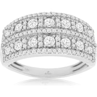 14K White Gold Wide Multi-Row Diamond Wedding Band with Round Diamonds - 1.00 Carat Total Diamond Weight - Royal Jewelry