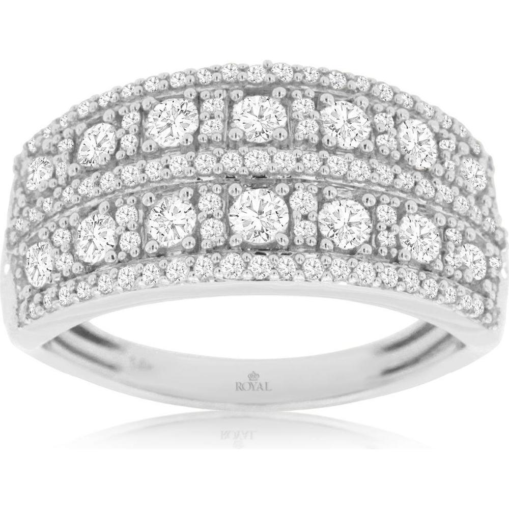 14K White Gold Wide Multi-Row Diamond Wedding Band with Round Diamonds - 1.00 Carat Total Diamond Weight - Royal Jewelry