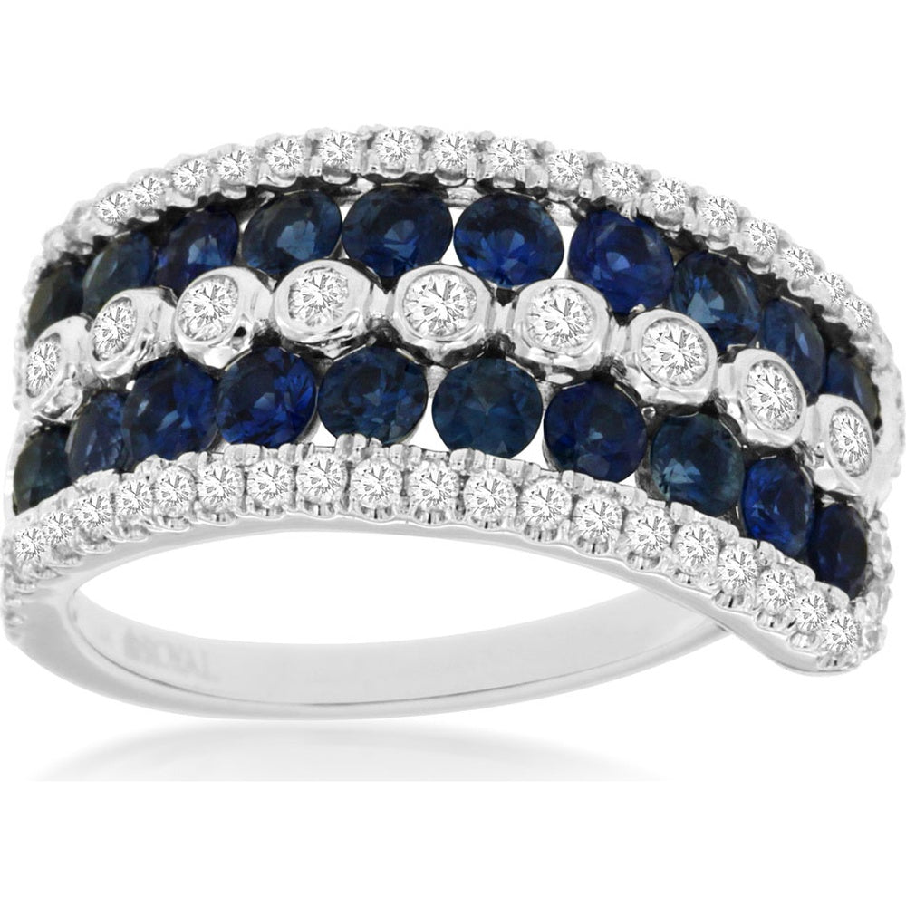 14K White Gold Wide Multi-Row Ring with Round Sapphires and Bezel-Set Diamonds - 1.57 Carat Sapphire and 0.54 Carat Diamond Total Weight - Royal Jewelry