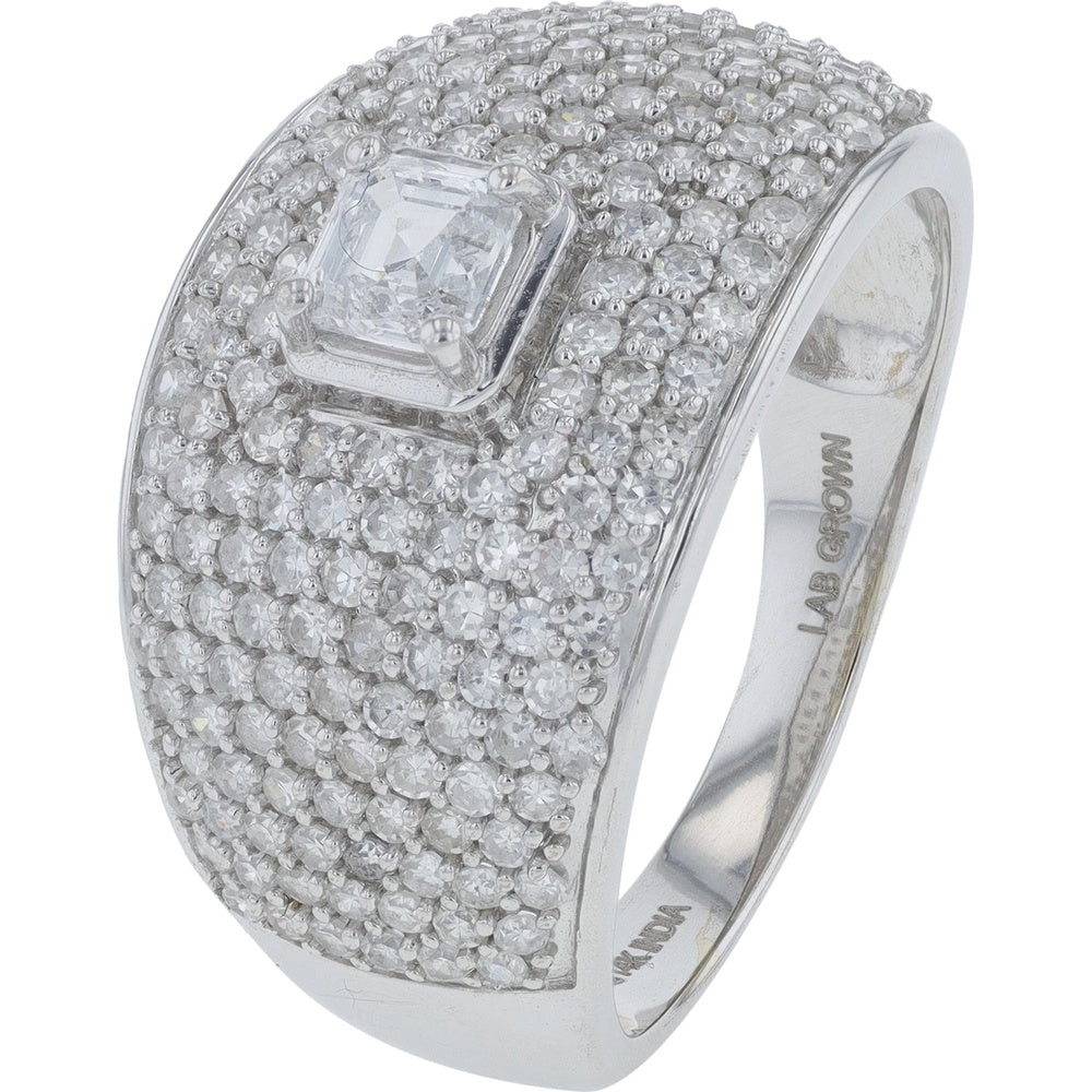 14K White Gold Wide Pavé Band Ring with Bezel-Set Square Lab Grown Diamond - 2.00 Carat Total Diamond Weight