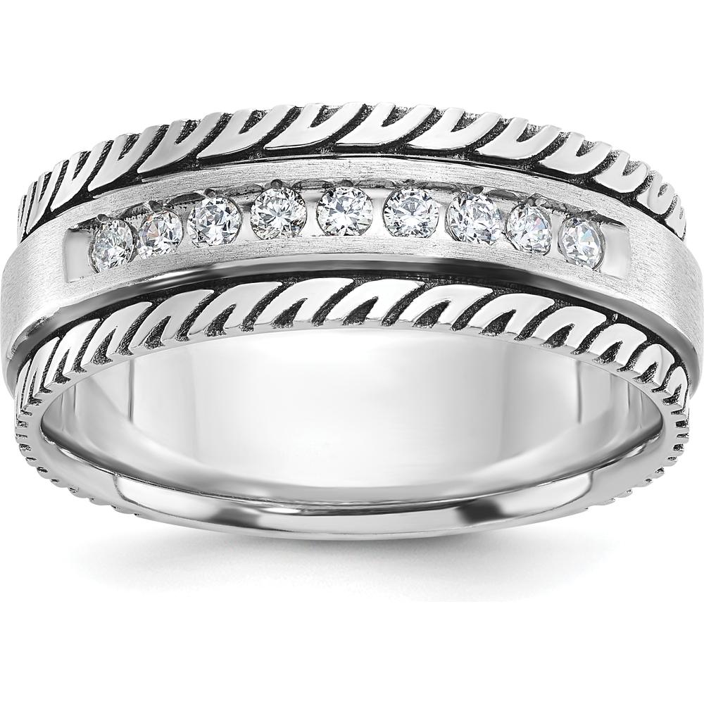 14K White Gold with Black Rhodium Men's Polished Satin Grooved Ring with 1/5 Carat Round Diamonds by IBGoodman