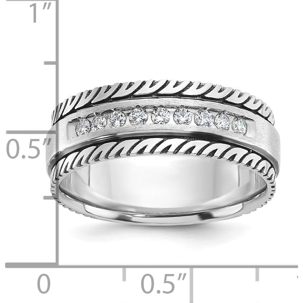 14K White Gold with Black Rhodium Men's Polished Satin Grooved Ring with 1/5 Carat Round Diamonds by IBGoodman