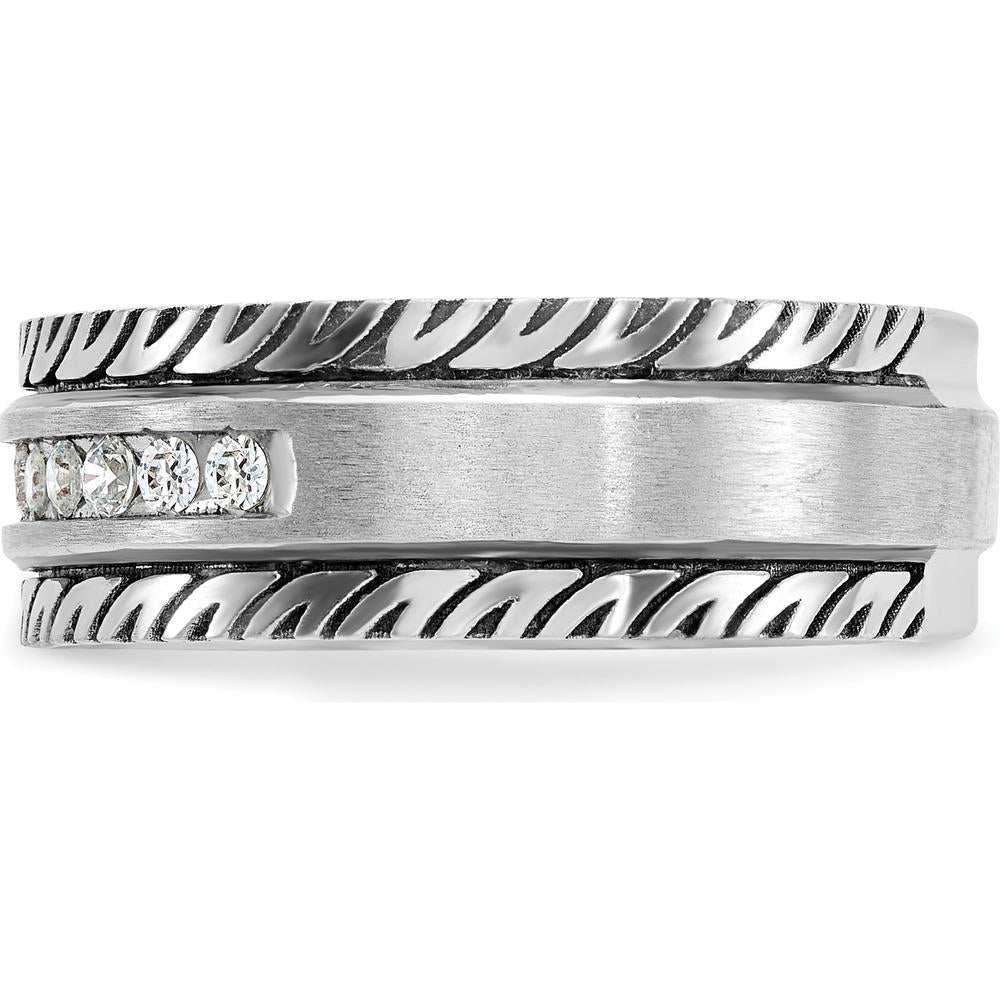 14K White Gold with Black Rhodium Men's Polished Satin Grooved Ring with 1/5 Carat Round Diamonds by IBGoodman