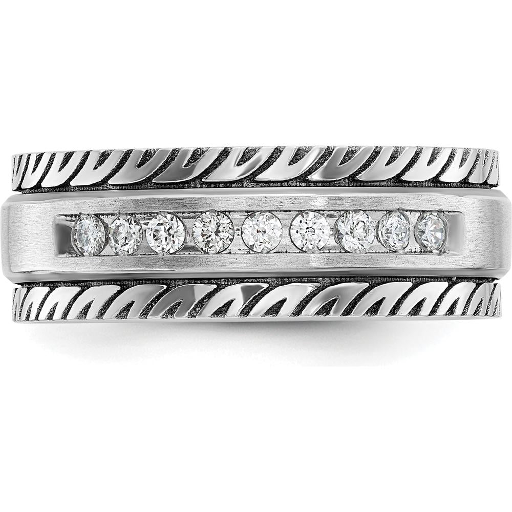 14K White Gold with Black Rhodium Men's Polished Satin Grooved Ring with 1/5 Carat Round Diamonds by IBGoodman
