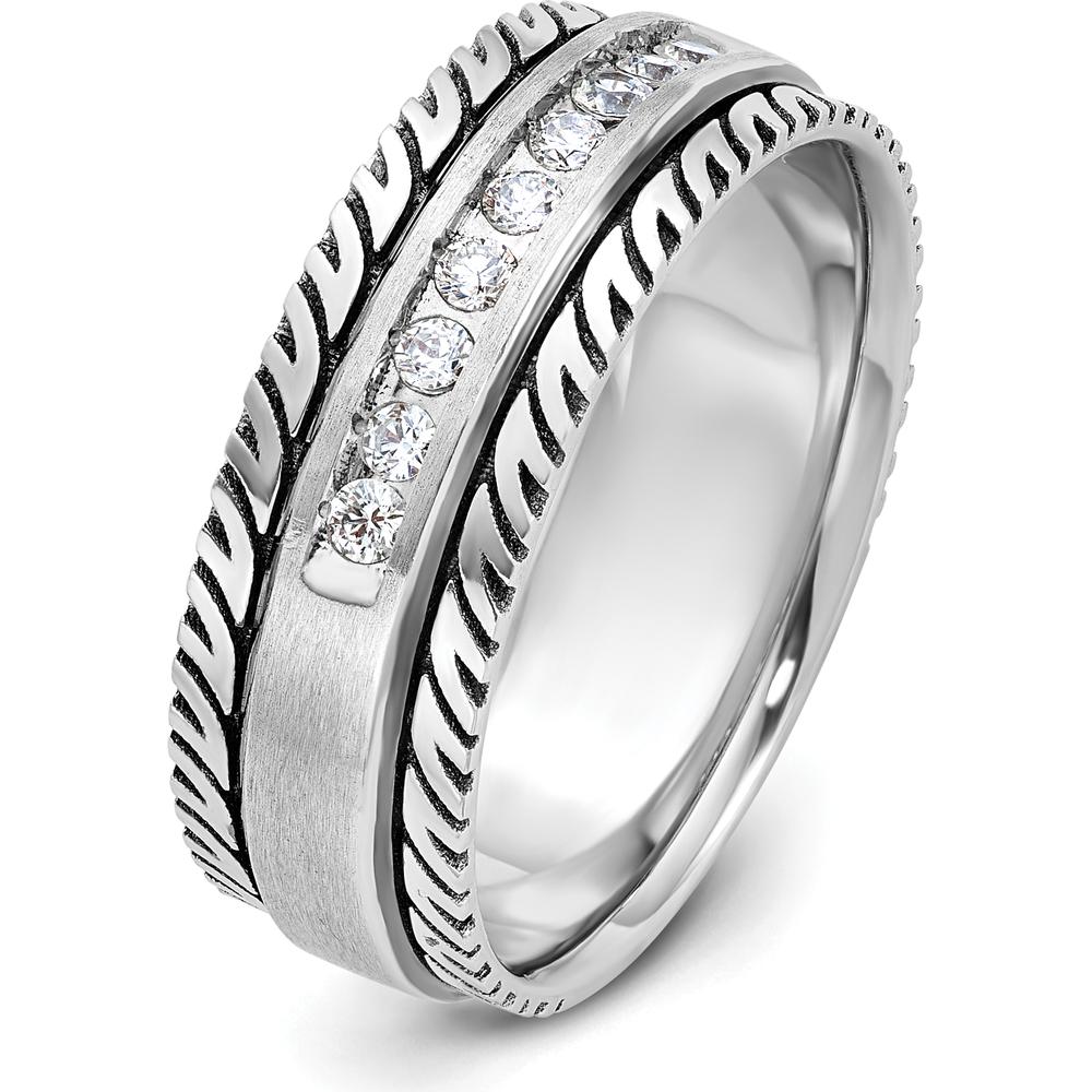 14K White Gold with Black Rhodium Men's Polished Satin Grooved Ring with 1/5 Carat Round Diamonds by IBGoodman