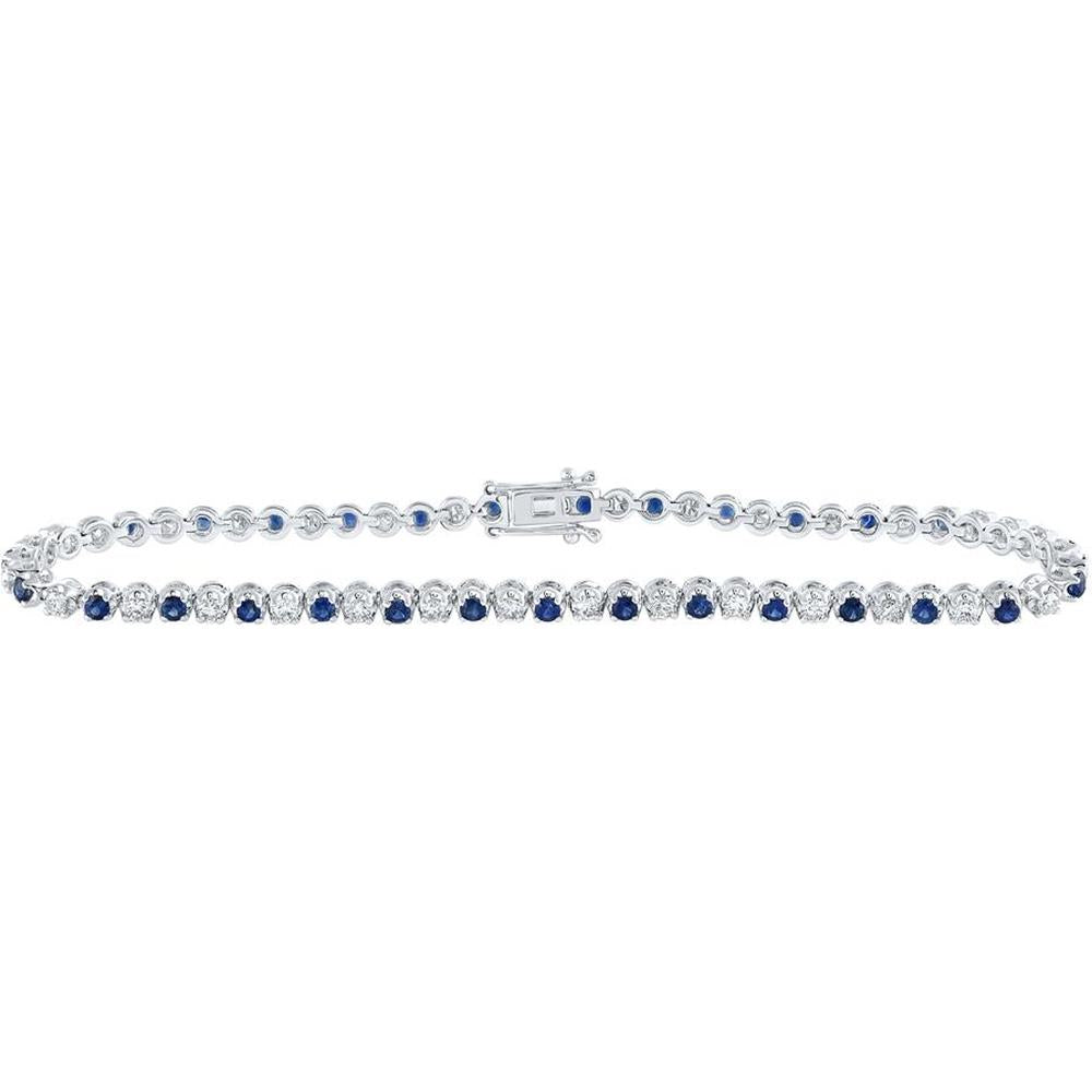 14K White Gold Women's Round Blue Sapphire and Diamond Tennis Bracelet - 2.33 Carat Total Gemstone Weight
