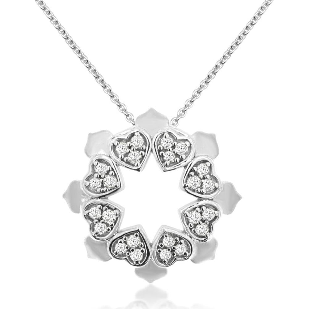 14K White Gold Wreath Pendant Necklace with Heart-Shaped Motifs and 0.10 Carat Round Diamonds - Royal Jewelry