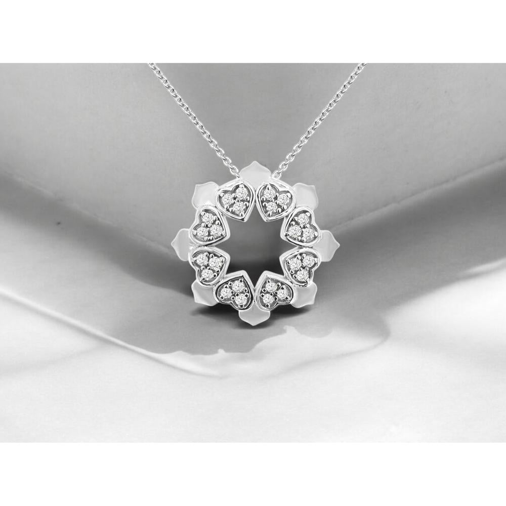 14K White Gold Wreath Pendant Necklace with Heart-Shaped Motifs and 0.10 Carat Round Diamonds - Royal Jewelry