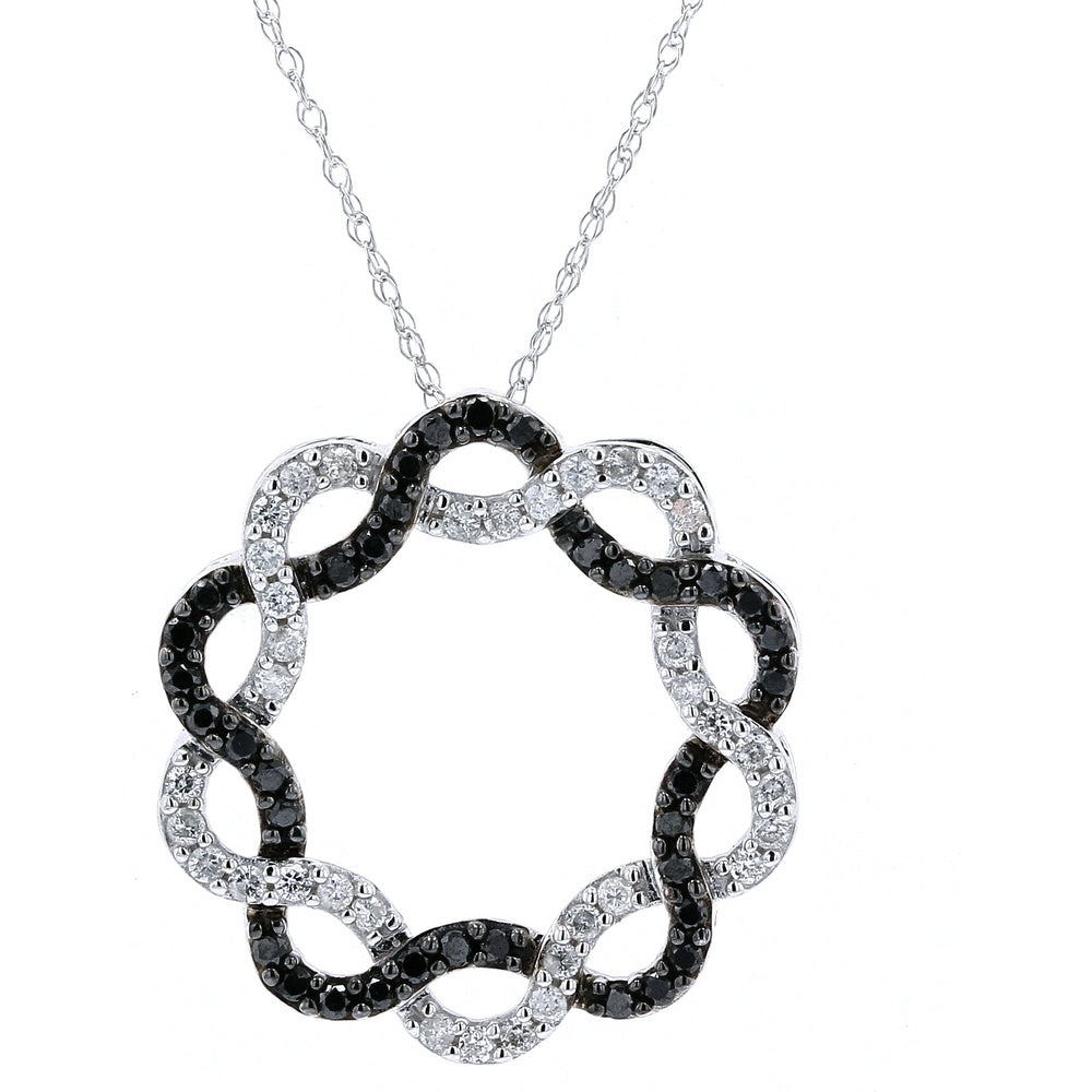 14K White Gold Wreath Pendant Necklace with Interlocking Black and White Diamonds - 1/2 Carat Total Diamond Weight