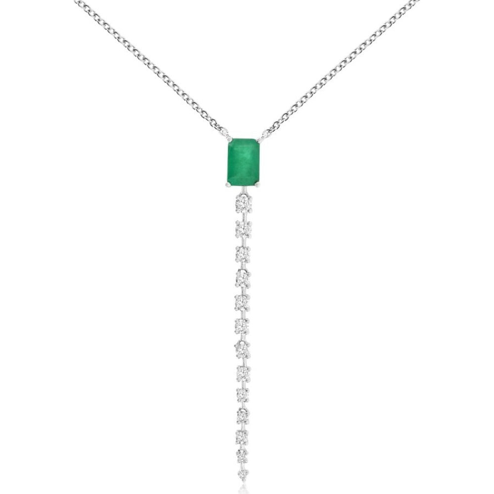14K White Gold Y-Drop Necklace with 0.55 Carat Rectangular Emerald and 0.27 Carat Linear Round Diamond Accents - Royal Jewelry