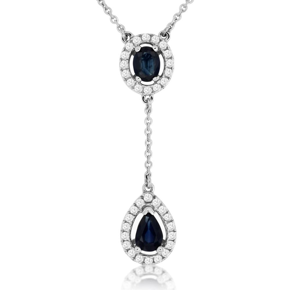 14K White Gold Y-Drop Necklace with Oval and Pear Shaped Blue Sapphires and Diamond Halos - 0.97 Carat Sapphire and 0.27 Carat Diamond Total Weight - Royal Jewelry