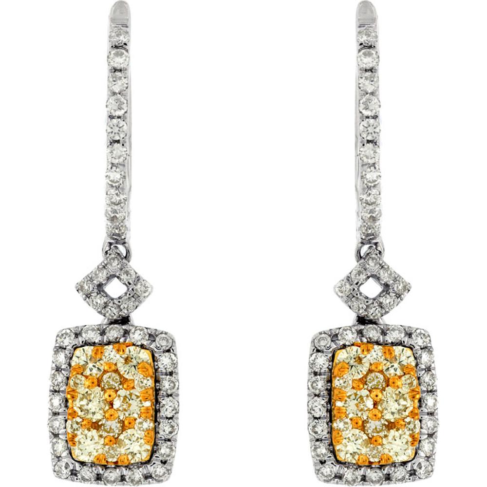 14K White Gold Yellow and White Diamond Drop Earrings with Cushion-Cut Yellow Diamonds - 0.98 Carats Total Diamond Weight
