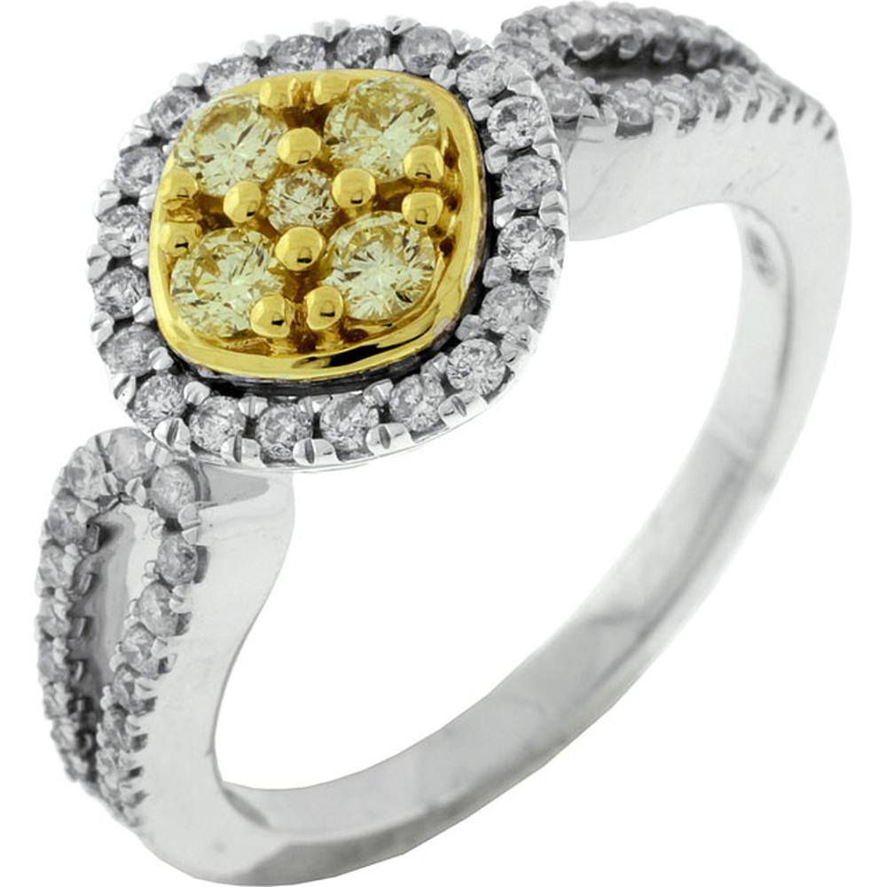 14K White Gold Yellow and White Diamond Halo Ring - 0.62 Carats Total Diamond Weight