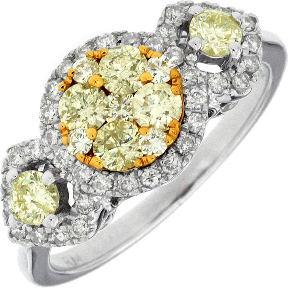 14K White Gold Yellow and White Diamond Halo Ring - 1.10 Carats Total Diamond Weight