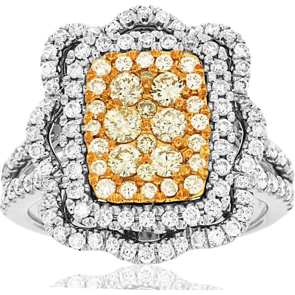 14K White Gold Yellow and White Diamond Halo Ring - 1.40 Carats Total Diamond Weight
