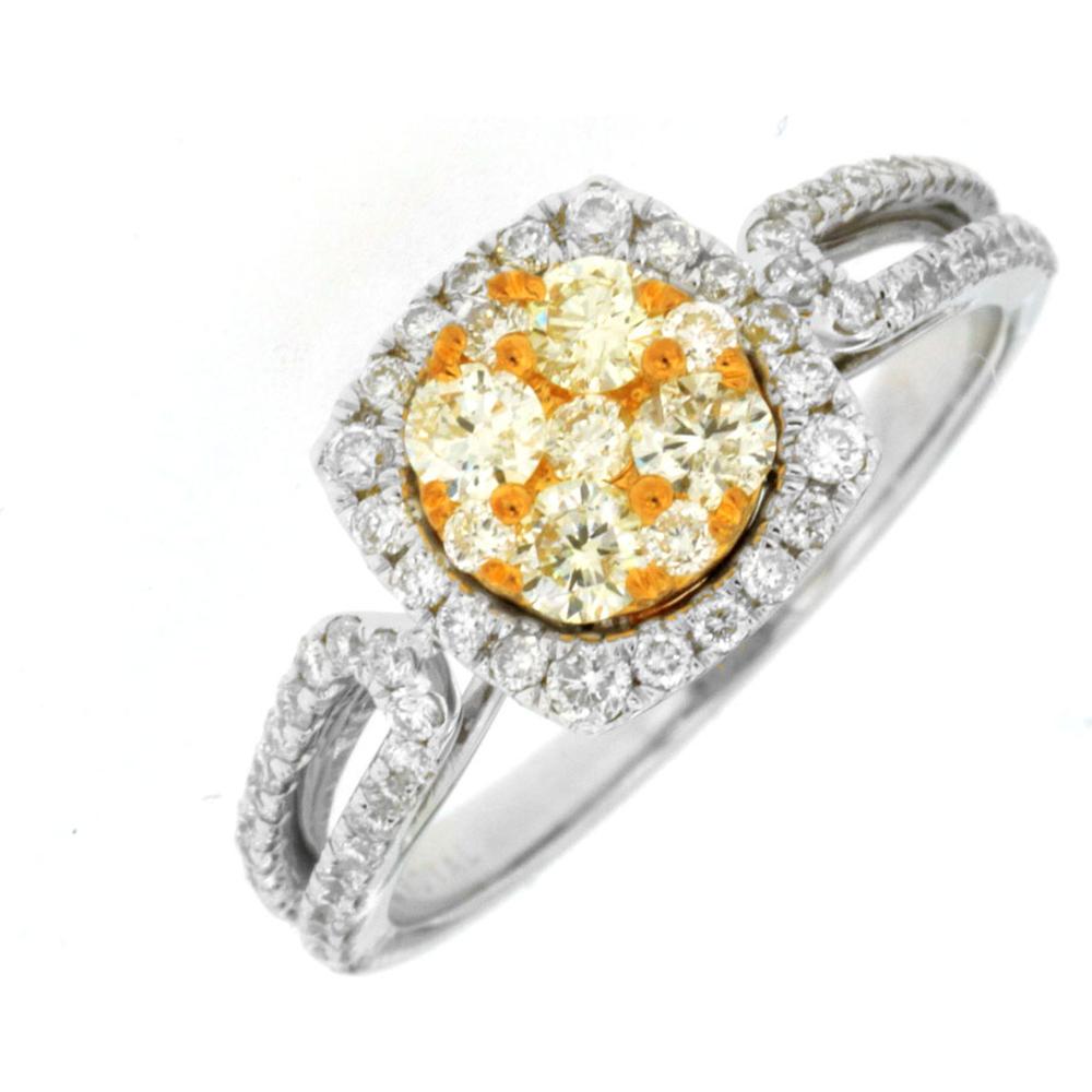 14K White Gold Yellow and White Diamond Halo Ring with Split Shank - 0.85 Carats Total Diamond Weight