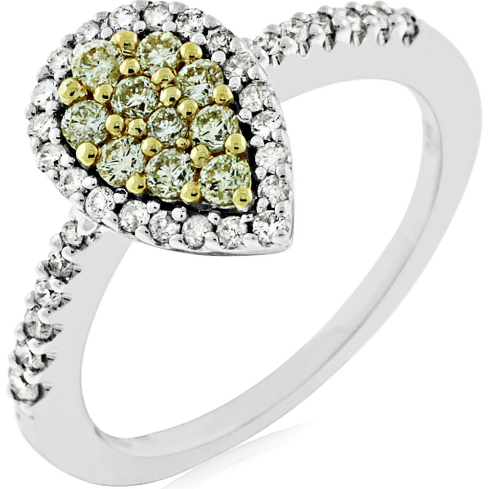 14K White Gold Yellow & White Diamond Halo Teardrop Ring - 0.54 Carats Total Diamond Weight