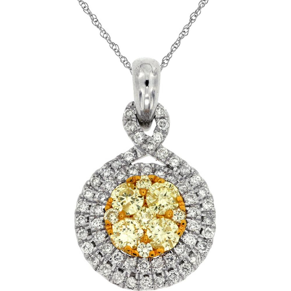 14K White Gold Yellow & White Diamond Pendant with Halo - 0.95 Carats Total Diamond Weight