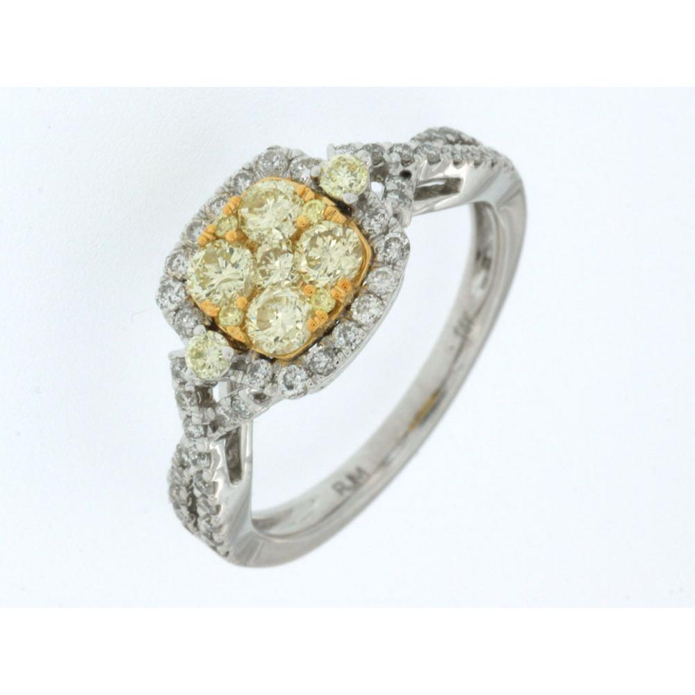 14K White Gold Yellow Diamond & Diamond Cluster Ring - 0.95 Carats Total Diamond Weight