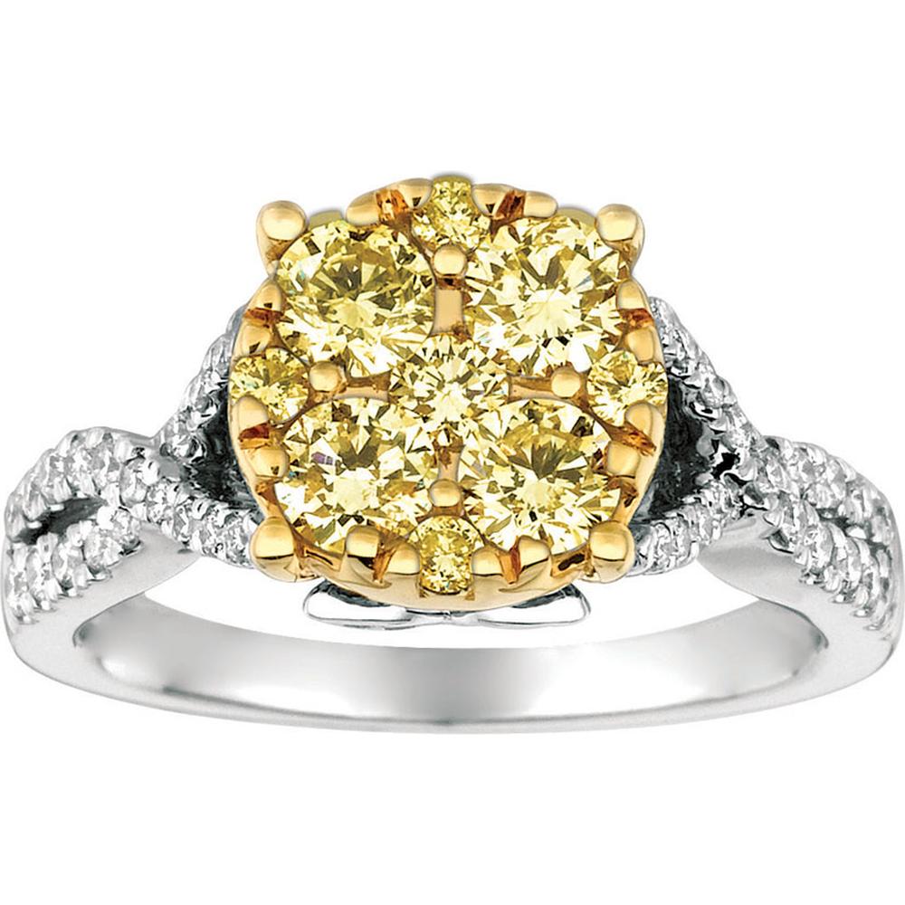 14K White Gold Yellow Diamond & Diamond Cluster Ring - 1.55 Carats Total Diamond Weight