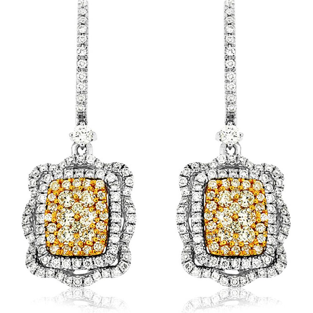 14K White Gold Yellow Diamond & Diamond Drop Earrings - 1.72 Carats Total Diamond Weight