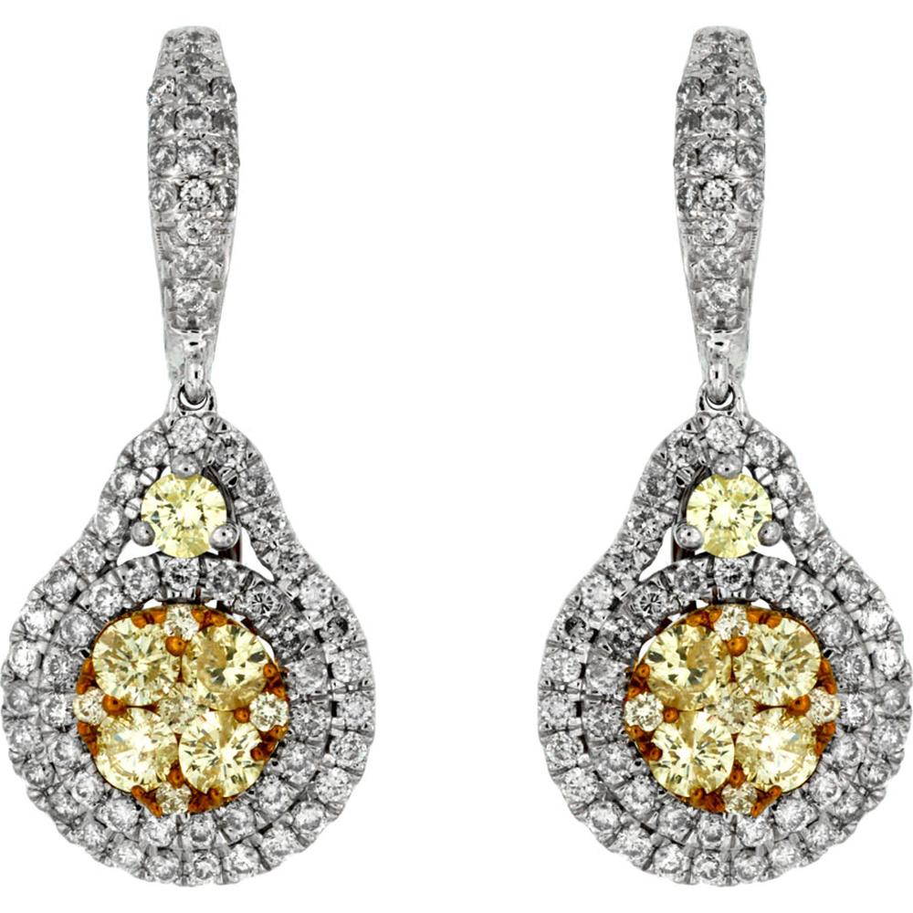 14K White Gold Yellow Diamond & Diamond Drop Earrings - 2.00 Carats Total Diamond Weight