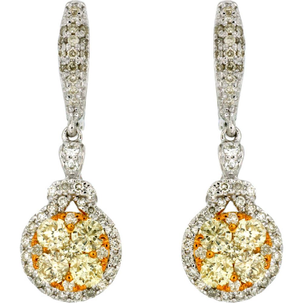 14K White Gold Yellow Diamond & Diamond Halo Earrings - 1.46 Carats Total Diamond Weight