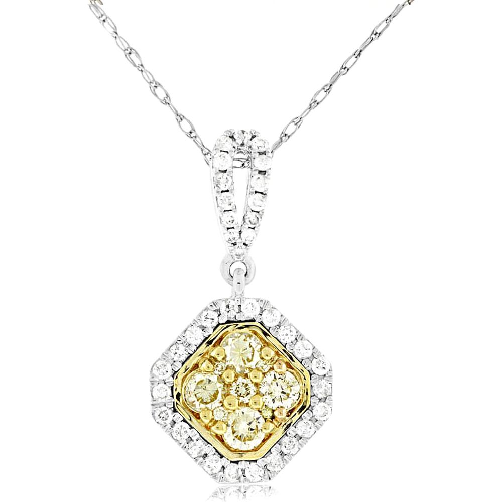 14K White Gold Yellow Diamond & Diamond Halo Pendant - 0.65 Carats Total Diamond Weight
