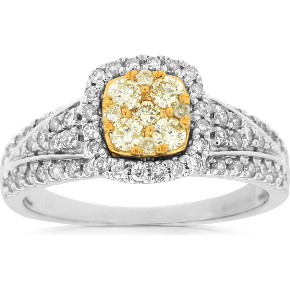 14K White Gold Yellow Diamond & Diamond Halo Ring - 0.51 Carats Total Diamond Weight