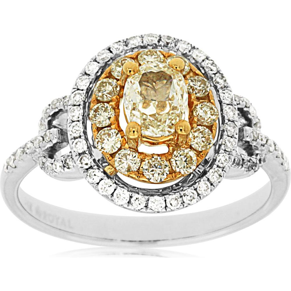 14K White Gold Yellow Diamond and Diamond Halo Ring - 0.56 Carats Total Diamond Weight