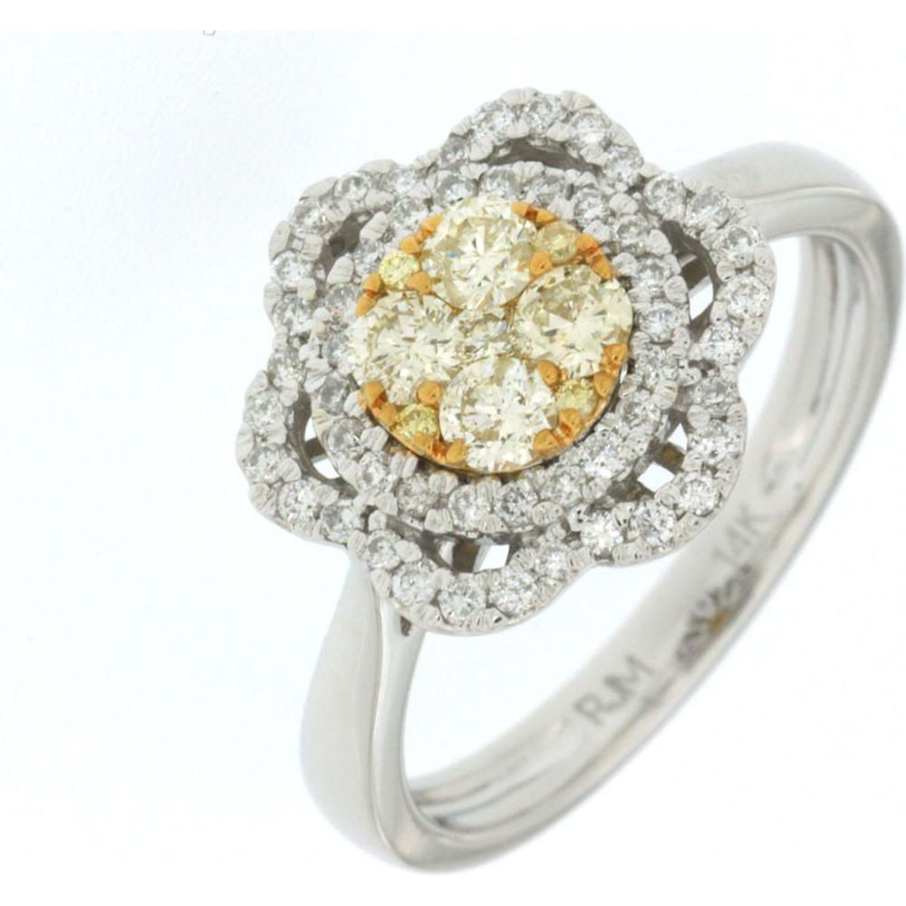 14K White Gold Yellow Diamond and Diamond Halo Ring - 0.61 Carats Total Diamond Weight