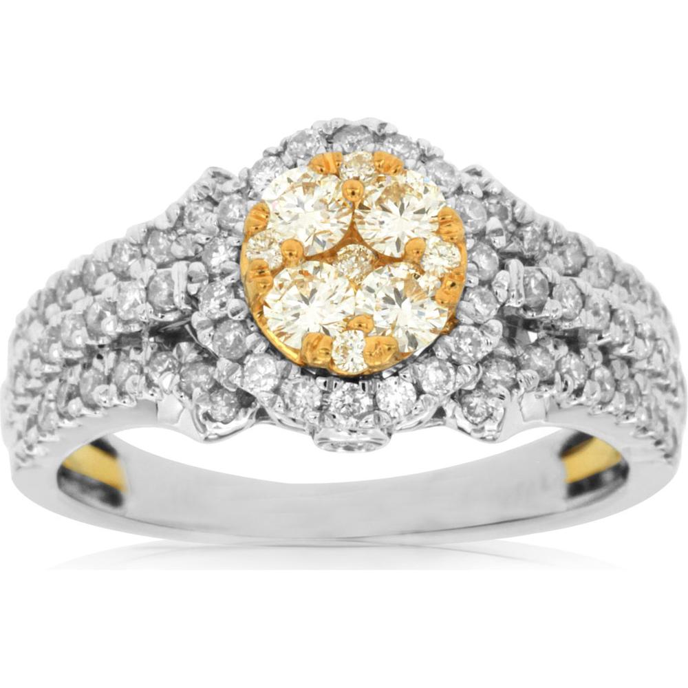 14K White Gold Yellow Diamond & Diamond Halo Ring - 0.91 Carats Total Diamond Weight