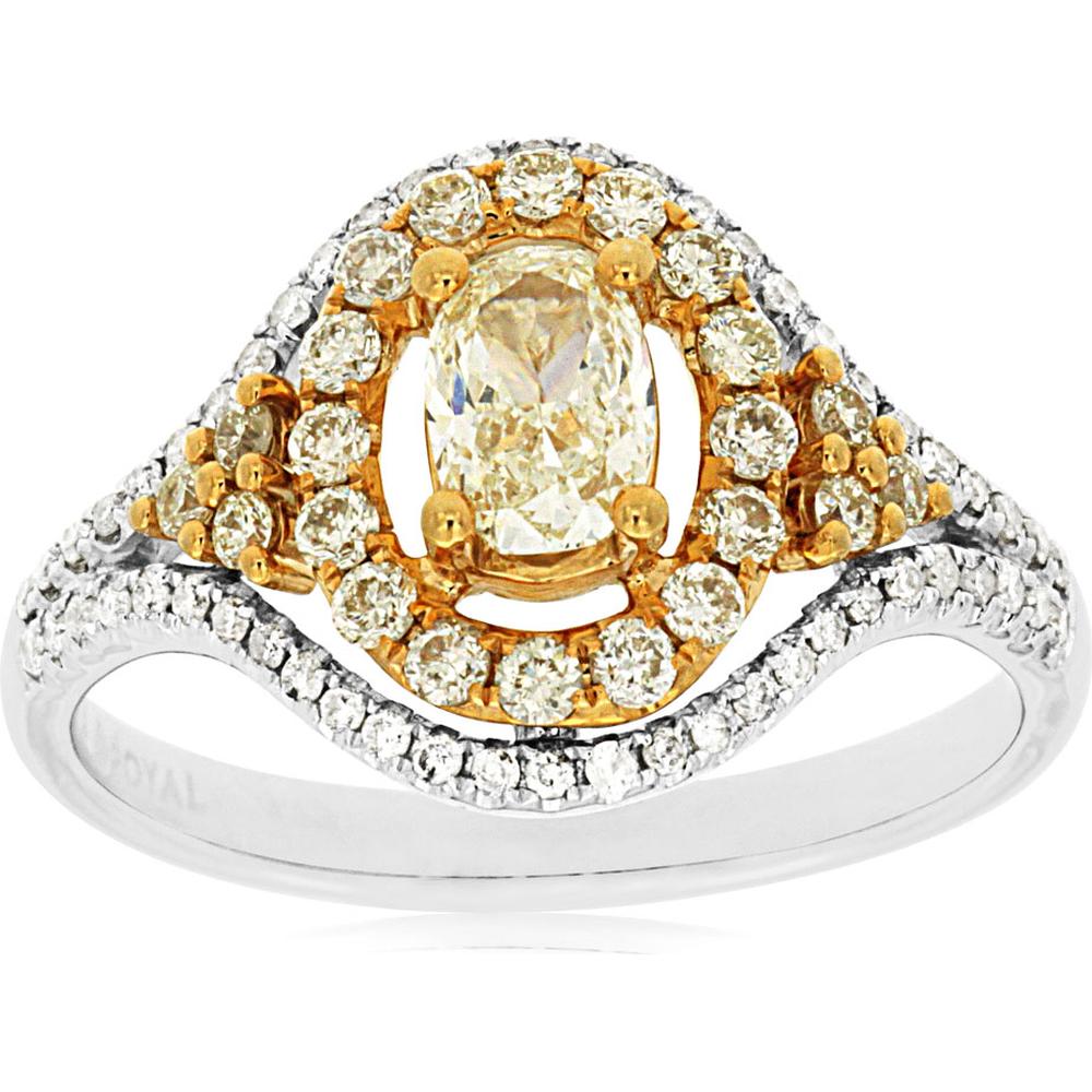 14K White Gold Yellow Diamond & Diamond Halo Ring - 0.92 Carats Total Diamond Weight