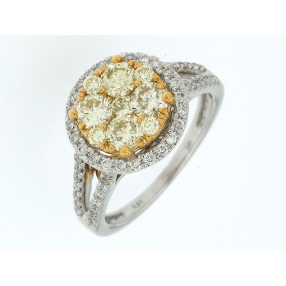 14K White Gold Yellow Diamond & Diamond Halo Ring - 1.57 Carats Total Diamond Weight