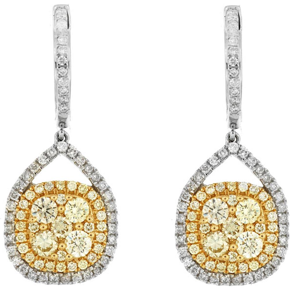 14K White Gold Yellow Diamond and Diamond Teardrop Earrings - 1.82 Carats Total Diamond Weight