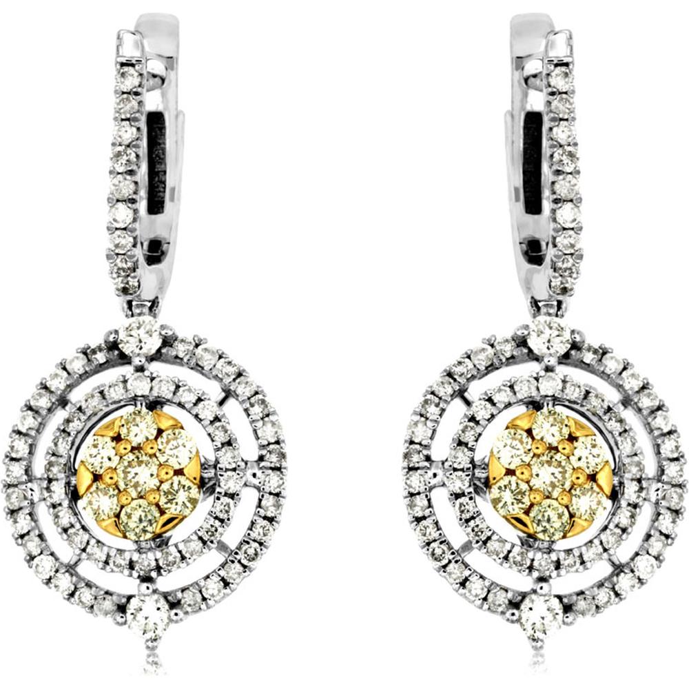 14K White Gold Yellow Diamond & White Diamond Drop Earrings - 0.93 Carats Total Diamond Weight